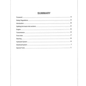 May include: A white page from a manual titled "SUMMARY". The table of contents lists sections including Foreword, Safety Regulations, Engine, and Special Tools. The bottom of the page includes the text "LANDINI Tractors S.p.A."