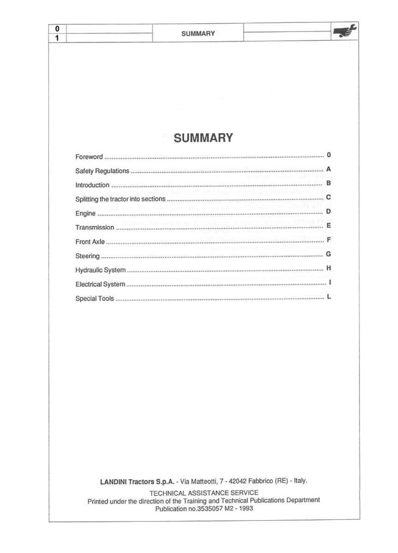 May include: A white page from a manual titled "SUMMARY". The table of contents lists sections including Foreword, Safety Regulations, Engine, and Special Tools. The bottom of the page includes the text "LANDINI Tractors S.p.A."