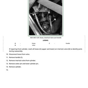 K&ouml;nnte beinhalten: Schwarz-Wei&szlig;-Diagramm einer mechanischen Komponente mit Schl&auml;uchen, Ventilen und einem Griff. Textbeschriftungen und Anweisungen beschreiben die Demontage, einschlie&szlig;lich des Entfernens von Schl&auml;uchen, des Verriegelungsventils und der Zylinderkomponenten.