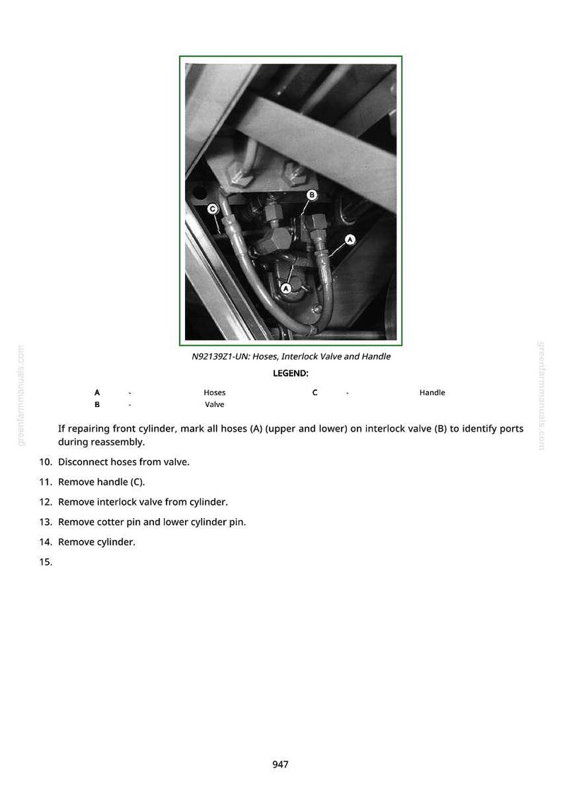 K&ouml;nnte beinhalten: Schwarz-Wei&szlig;-Diagramm einer mechanischen Komponente mit Schl&auml;uchen, Ventilen und einem Griff. Textbeschriftungen und Anweisungen beschreiben die Demontage, einschlie&szlig;lich des Entfernens von Schl&auml;uchen, des Verriegelungsventils und der Zylinderkomponenten.