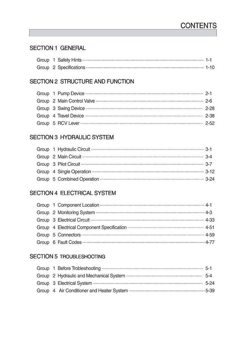 May include: A detailed contents page from a manual, with sections on general information, structure, function, hydraulic and electrical systems, and troubleshooting. The text is black on a white background.