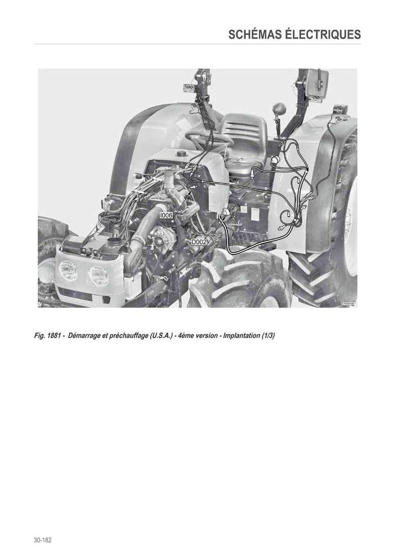 May include: Diagram of a tractor's electrical system, with wiring details and component labels. The image includes the text "SCH&Eacute;MAS &Eacute;LECTRIQUES" and "Fig. 1881 - D&eacute;marrage et pr&eacute;chauffage (U.S.A.) - 4&egrave;me version - Implantation (1/3)".
