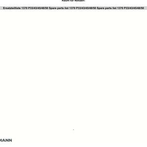 May include: White document with text: Ersatzteilliste 1370 P33/43/45/48/50 Spare parts list. The Weidemann logo is in the bottom left corner. The text "Weidemann 1370" is in the bottom right corner.