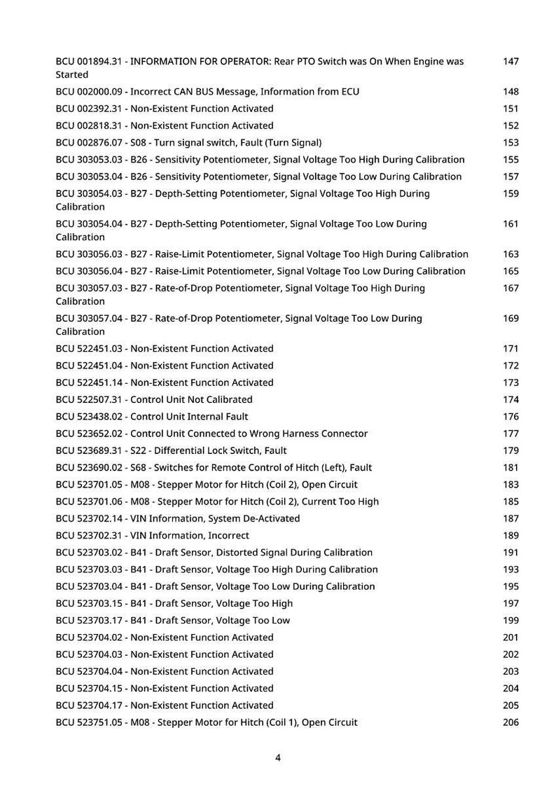May include: A detailed list of error codes and diagnostic information, including descriptions of faults, sensor readings, and calibration issues. The text is organized in a table format with code numbers and descriptions.