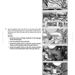 May include: Diagram of engine components with labels and arrows. Instructions detail tightening bolts, setting gaskets on exhaust pipes, and installing parts. Text includes "Remove and Install KDOC and SCR Assembly" and "50 Disassembly and Assembly."