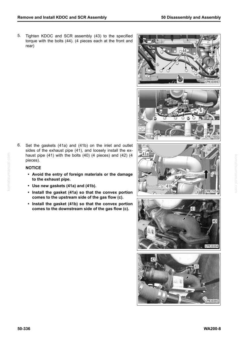 May include: Diagram of engine components with labels and arrows. Instructions detail tightening bolts, setting gaskets on exhaust pipes, and installing parts. Text includes "Remove and Install KDOC and SCR Assembly" and "50 Disassembly and Assembly."