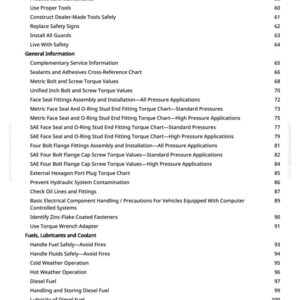 K&ouml;nnte beinhalten: Eine wei&szlig;e Seite aus einem Handbuch mit einer Liste von Sicherheits- und Wartungsthemen f&uuml;r Traktoren und zugeh&ouml;rige Ger&auml;te. Zu den Themen geh&ouml;ren Sicherheit, Werkzeuge und Kraftstoffhandhabung. Die Seite enth&auml;lt auch eine Website-Adresse und Seitenzahlen.
