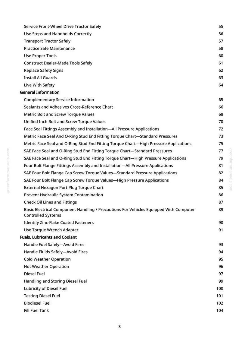 K&ouml;nnte beinhalten: Eine wei&szlig;e Seite aus einem Handbuch mit einer Liste von Sicherheits- und Wartungsthemen f&uuml;r Traktoren und zugeh&ouml;rige Ger&auml;te. Zu den Themen geh&ouml;ren Sicherheit, Werkzeuge und Kraftstoffhandhabung. Die Seite enth&auml;lt auch eine Website-Adresse und Seitenzahlen.