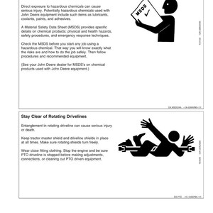 May include: A safety manual page with the title "Handle Chemical Products Safely" and "Stay Clear of Rotating Drivelines". The page includes safety instructions and illustrations of a person holding a document and a person near machinery.
