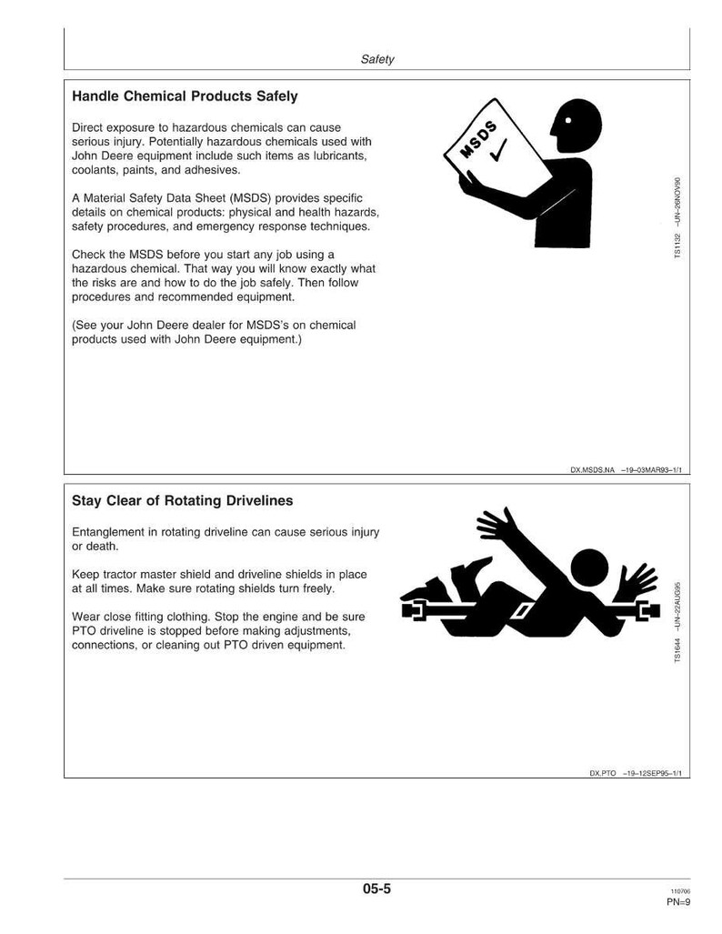 May include: A safety manual page with the title "Handle Chemical Products Safely" and "Stay Clear of Rotating Drivelines". The page includes safety instructions and illustrations of a person holding a document and a person near machinery.