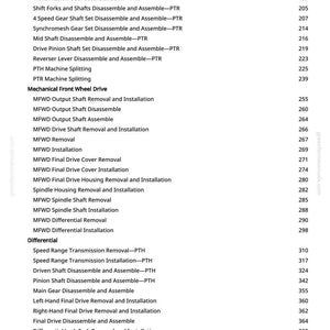 May include: A white page featuring a list of mechanical procedures and page numbers. The text details procedures such as "Disassembly," "Installation," and "Removal" for various vehicle parts.