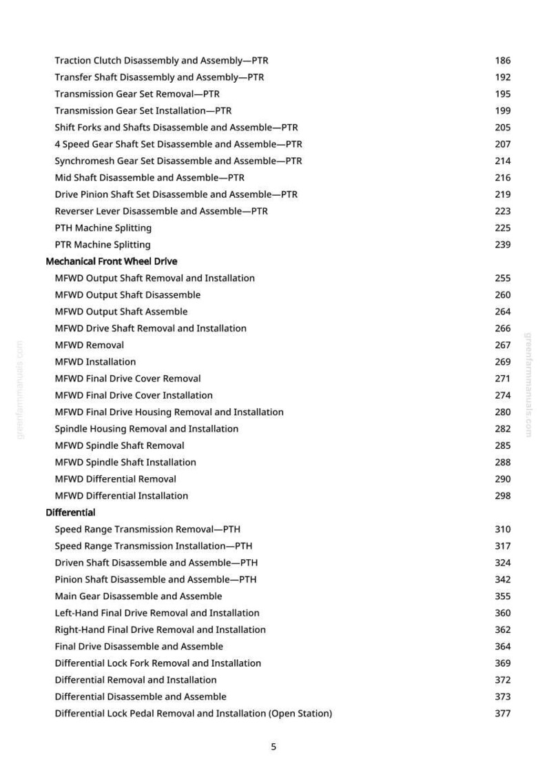 May include: A white page featuring a list of mechanical procedures and page numbers. The text details procedures such as "Disassembly," "Installation," and "Removal" for various vehicle parts.