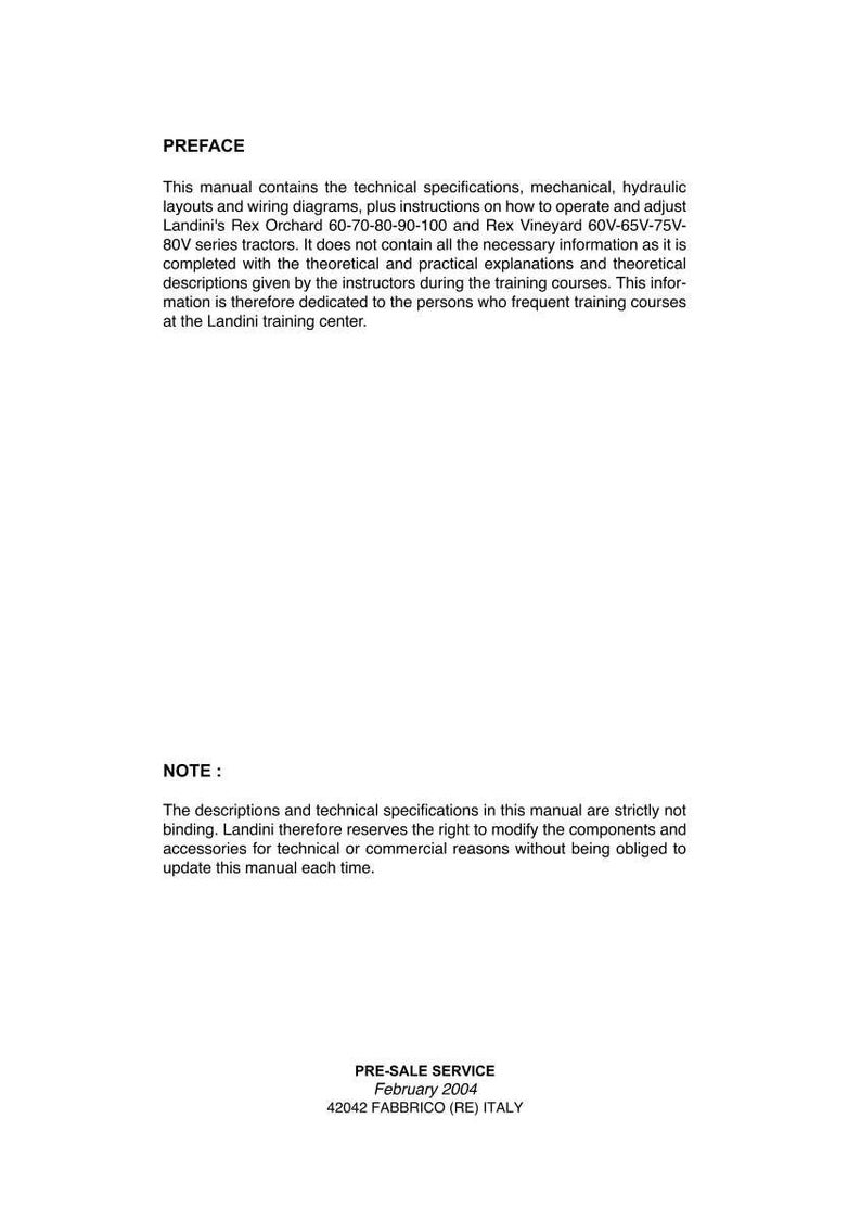 Op de afbeelding: Een wit handboek met zwarte tekst, met technische specificaties, mechanische lay-outs en bedradingsschema's voor Landini-tractoren. Het document bevat een voorwoord, een opmerking en informatie over de pre-saleservice. De tekst is in het Nederlands.