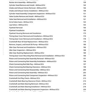 Pu&ograve; includere: Una pagina di un manuale con un elenco di procedure di riparazione automobilistica, inclusa la manutenzione del motore e dell'albero motore. Il testo &egrave; in nero su sfondo bianco, con numeri di pagina a destra.