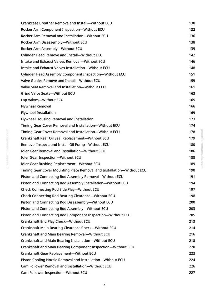 Pu&ograve; includere: Una pagina di un manuale con un elenco di procedure di riparazione automobilistica, inclusa la manutenzione del motore e dell'albero motore. Il testo &egrave; in nero su sfondo bianco, con numeri di pagina a destra.
