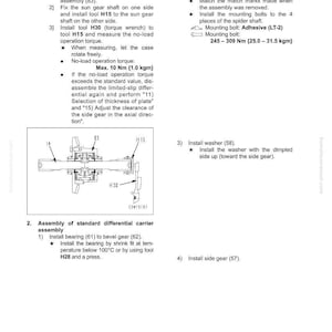 May include: Diagram of a differential assembly with instructions. Text includes steps for measuring torque, installing parts, and using tools like H15 and H30. Measurements are in Nm and kgm.