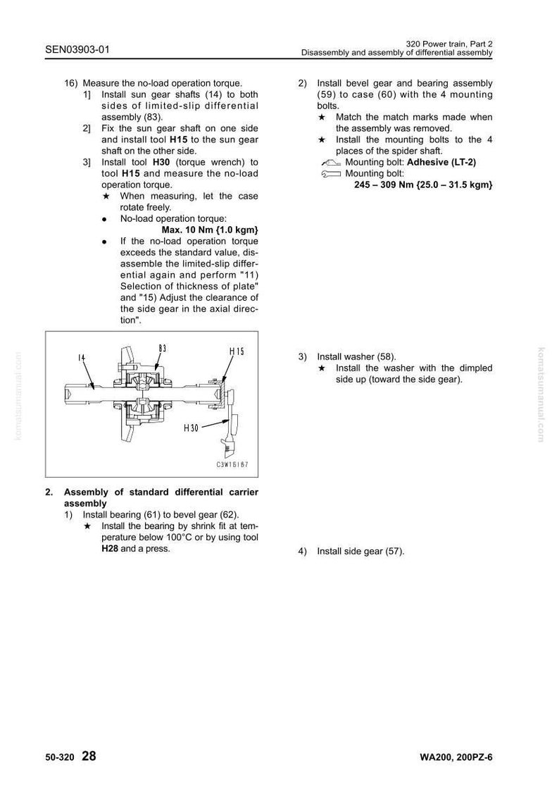 May include: Diagram of a differential assembly with instructions. Text includes steps for measuring torque, installing parts, and using tools like H15 and H30. Measurements are in Nm and kgm.