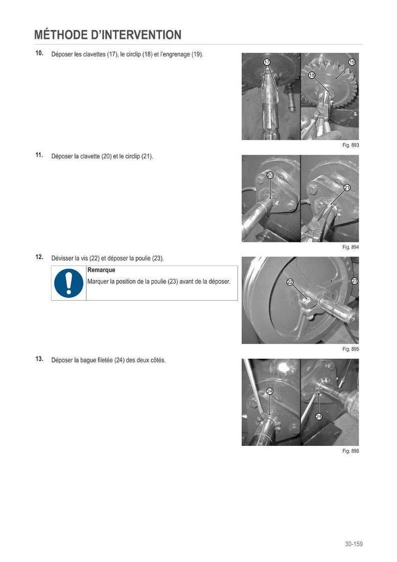 Puede incluir: Diagrama de componentes mec&aacute;nicos con instrucciones en franc&eacute;s. Incluye im&aacute;genes de engranajes, circlips y otras piezas. Texto: "M&Eacute;THODE D'INTERVENTION" y pasos numerados de desmontaje. Se hace referencia a las figuras 893, 894, 895 y 896.