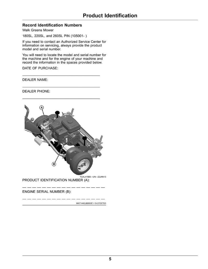 May include: Product identification page for a Walk Greens Mower. The page includes model numbers, instructions, and spaces to record purchase details. A diagram of the mower's engine is also shown.