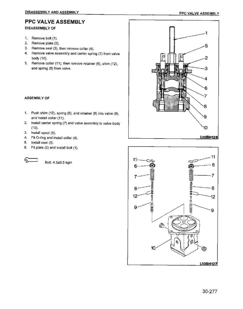 May include: Diagram of a PPC valve assembly, with labeled components and instructions for disassembly and assembly. Includes a detailed cross-section view and exploded diagrams of the valve parts. Text includes bolt torque specifications.