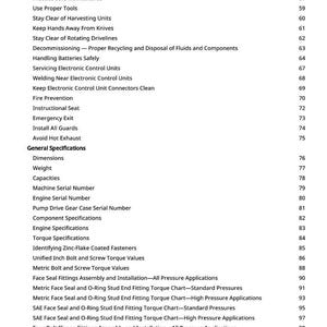 May include: A detailed document with a list of safety procedures and technical specifications. The text includes instructions on machine safety, maintenance, and component specifications. The document also lists dimensions, weight, and capacities.