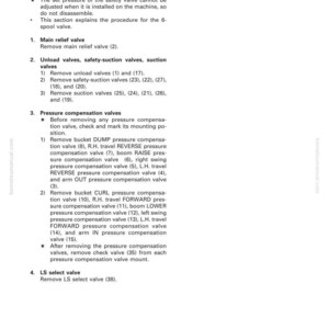 Puede incluir: Un diagrama t&eacute;cnico detallado titulado "DESMONTAJE Y MONTAJE" y "V&Aacute;LVULA DE CONTROL". El documento describe los procedimientos para quitar e inspeccionar v&aacute;lvulas, incluidas las v&aacute;lvulas de alivio principales, de descarga y de compensaci&oacute;n de presi&oacute;n. Incluye el texto "PC250-6" y "30-163".