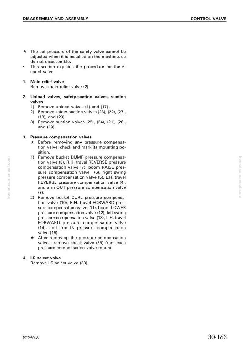 Puede incluir: Un diagrama t&eacute;cnico detallado titulado "DESMONTAJE Y MONTAJE" y "V&Aacute;LVULA DE CONTROL". El documento describe los procedimientos para quitar e inspeccionar v&aacute;lvulas, incluidas las v&aacute;lvulas de alivio principales, de descarga y de compensaci&oacute;n de presi&oacute;n. Incluye el texto "PC250-6" y "30-163".