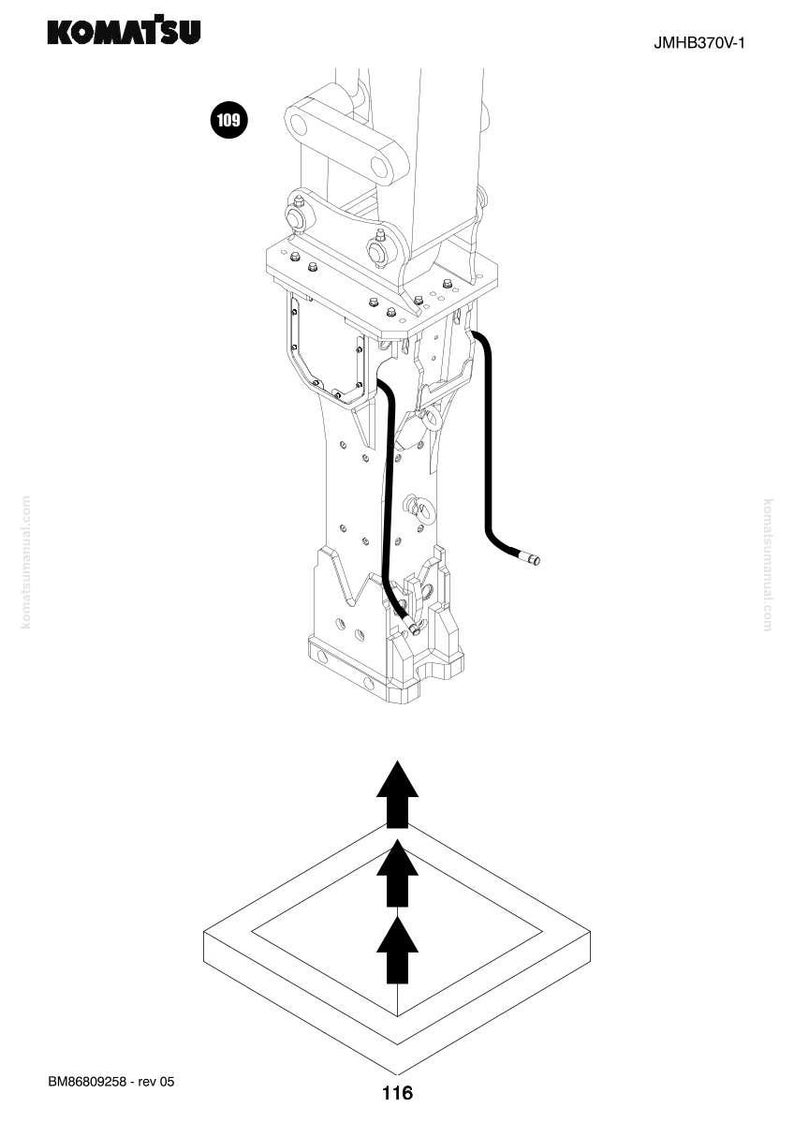 May include: Technical diagram of a Komatsu machine component. The image is a black and white illustration of a mechanical part with arrows indicating assembly. The Komatsu logo is at the top left, with model number JMHB370V-1.