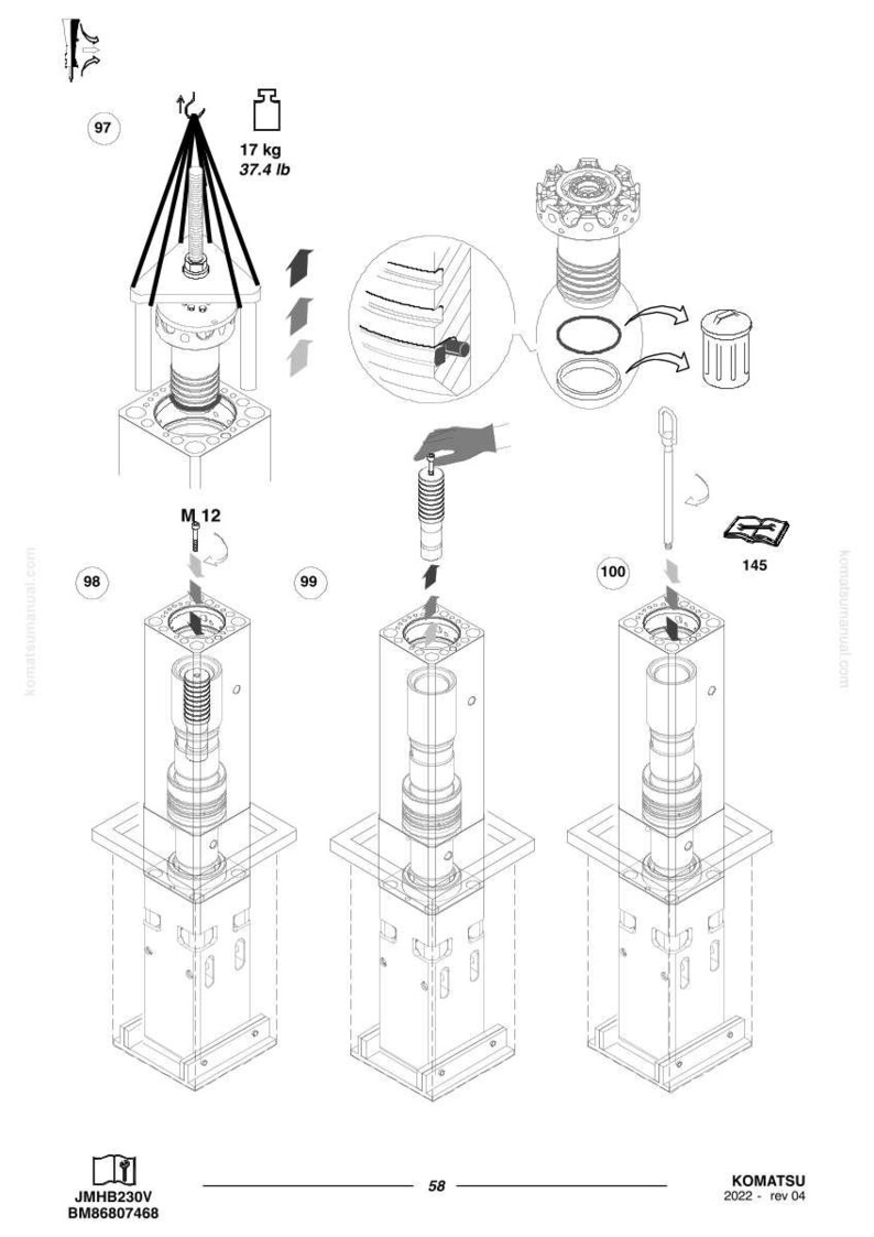 May include: Technical diagram showing the assembly of a mechanical component. The image details various assembly stages, including close-ups of parts and their connections. Weight is indicated as 17 kg. The diagram includes labels and part numbers.