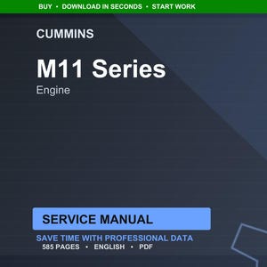 Op de afbeelding: Een digitale servicemanual voor de Cummins M11 Series Engine. De omslag is donkerblauw met witte tekst die "M11 Series Engine" luidt. De handleiding bevat 585 pagina's professionele gegevens in het Engels en PDF-formaat.