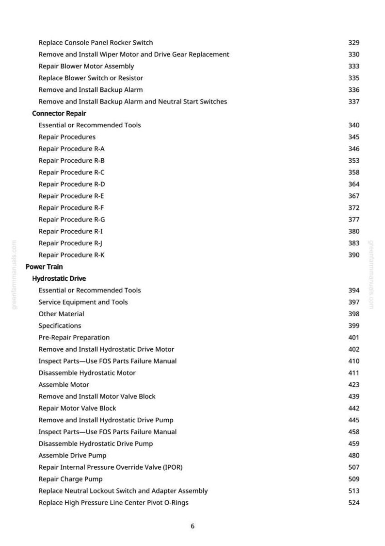 May include: A white page listing repair procedures and part replacements, such as "Replace Console Panel Rocker Switch" and "Repair Blower Motor Assembly." Page numbers are also included.