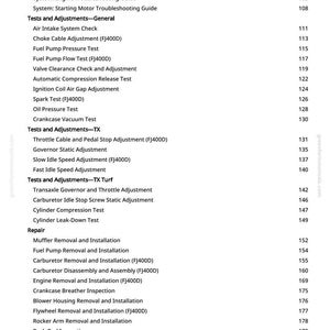 May include: A detailed table of contents from a greenfarmmanuals.com manual, listing automotive repair topics. Topics include diagnostics, tests, adjustments, and repair procedures for various engine components. The page numbers are listed on the right.