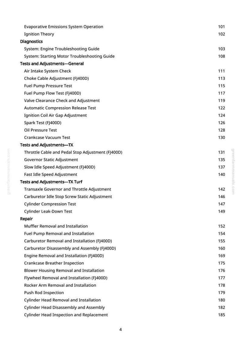 May include: A detailed table of contents from a greenfarmmanuals.com manual, listing automotive repair topics. Topics include diagnostics, tests, adjustments, and repair procedures for various engine components. The page numbers are listed on the right.