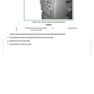 May include: Diagram of a Lift Assist Steering Cylinder Bracket with labels A, B, and C. The image includes the text "A69151-UN: Lift Assist Steering Cylinder Bracket" and instructions for installation, including removing six cap screws.