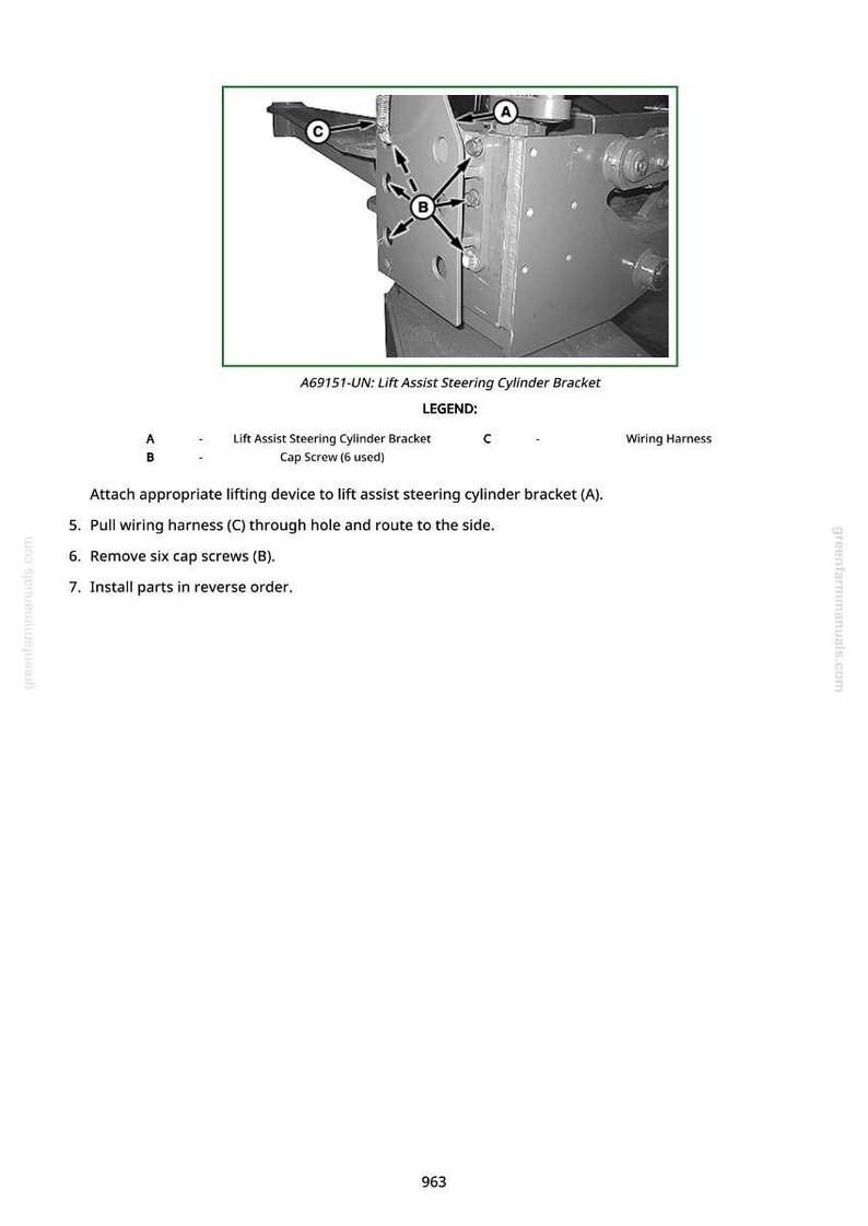 May include: Diagram of a Lift Assist Steering Cylinder Bracket with labels A, B, and C. The image includes the text "A69151-UN: Lift Assist Steering Cylinder Bracket" and instructions for installation, including removing six cap screws.