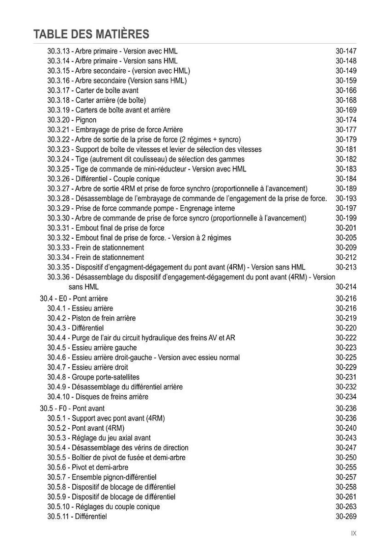Może przedstawiać: Szczeg&oacute;łowy spis treści w języku francuskim, zatytułowany "TABLE DES MATI&Egrave;RES", wymienia r&oacute;żne komponenty mechaniczne z odpowiednimi numerami stron. Dokument wydaje się być instrukcją techniczną, prawdopodobnie dla maszyn lub części samochodowych.