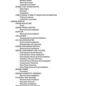 May include: A white page detailing automotive service procedures. The list includes engine service, troubleshooting, and removal/installation instructions for components. Text is in black.