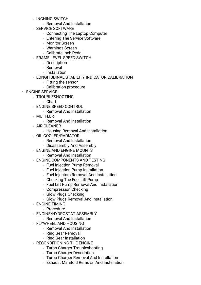 May include: A white page detailing automotive service procedures. The list includes engine service, troubleshooting, and removal/installation instructions for components. Text is in black.