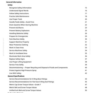 May include: A page from a manual titled "Table of Contents." The document lists safety information, general specifications, and topics related to fuels and lubricants. The text is black on a white background.