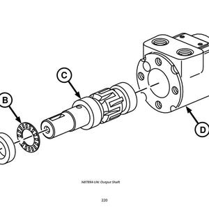May include: An exploded diagram of an output shaft assembly, rendered in black and white. The components include a bearing, a washer, a shaft with a gear, and a housing. The diagram is labeled with letters A, B, C, and D.