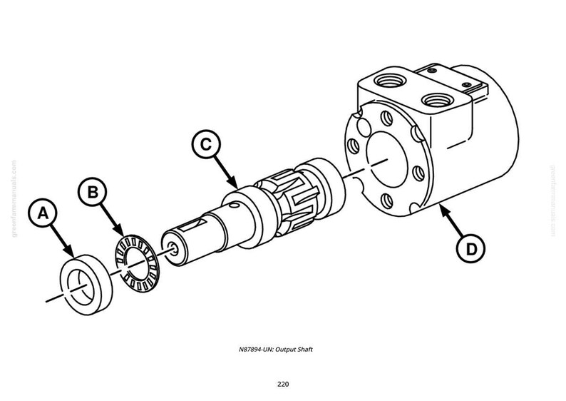 May include: An exploded diagram of an output shaft assembly, rendered in black and white. The components include a bearing, a washer, a shaft with a gear, and a housing. The diagram is labeled with letters A, B, C, and D.