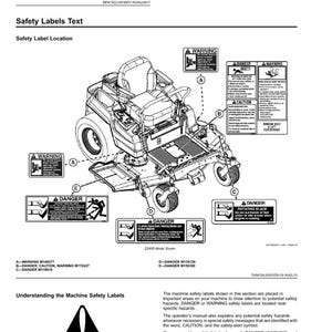 K&ouml;nnte beinhalten: Diagramm eines Rasenm&auml;hers Modell Z540R mit Sicherheitshinweisen. Die Etiketten enthalten Warnungen vor potenziellen Gefahren, wie z. B. rotierenden Messern und anderen Gefahren. Der Text enth&auml;lt "Safety Labels Text" und "Understanding the Machine Safety Labels".