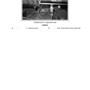 May include: Black and white image of automotive components, including an expansion valve and HVAC pressure sensor. The image includes labels and a legend identifying the parts. The text "H100510-UN: V1 - Expansion Valve" is also present.