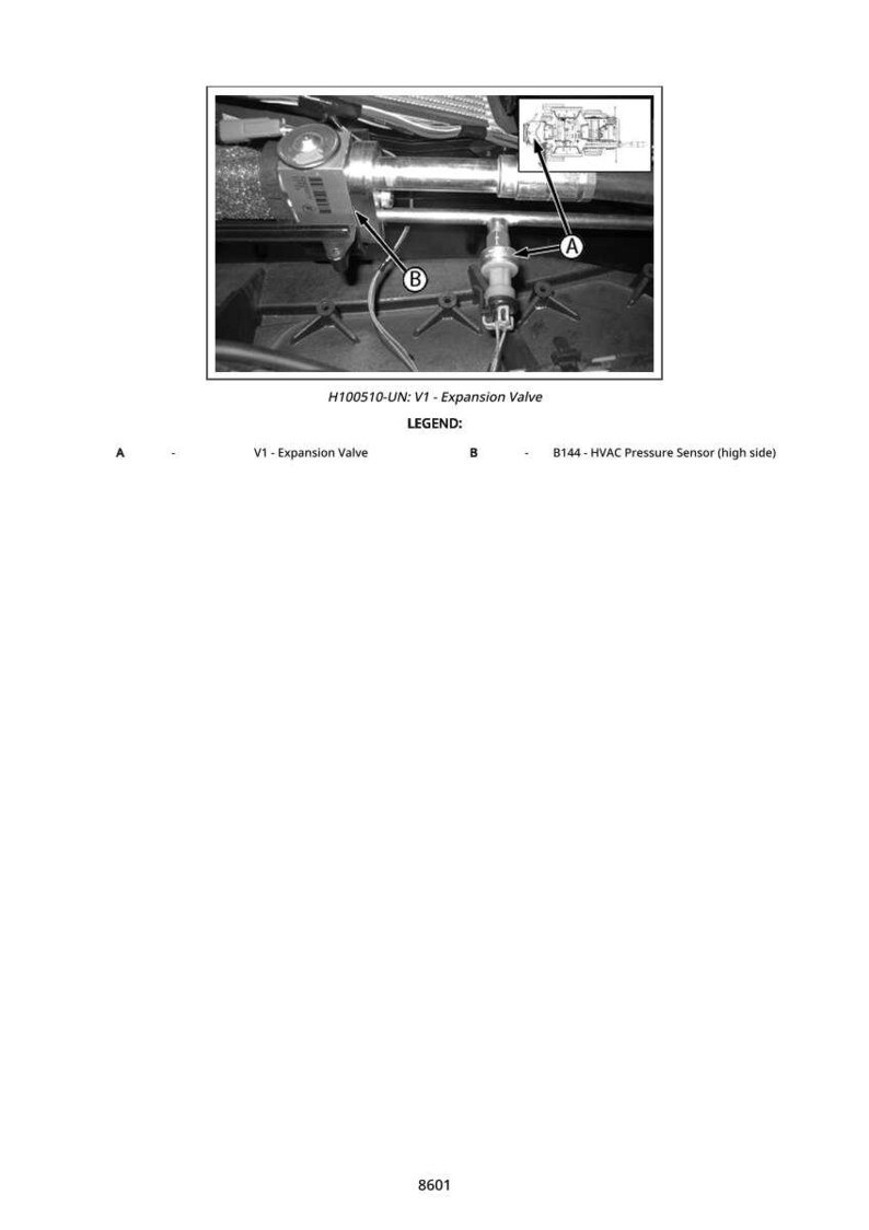 May include: Black and white image of automotive components, including an expansion valve and HVAC pressure sensor. The image includes labels and a legend identifying the parts. The text "H100510-UN: V1 - Expansion Valve" is also present.