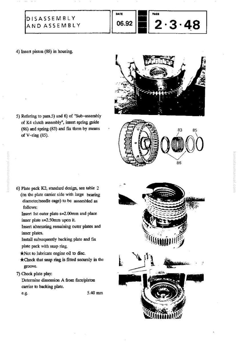 May include: A technical diagram from a manual, featuring exploded views of mechanical components. The image includes text, diagrams, and labels for disassembly and assembly instructions. The date is 06.92 and the page number is 2.3.48.