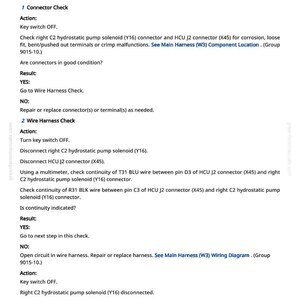 Może przedstawiać: Strona z instrukcji zatytułowana "522447.05 - Right Pump Fwd Sol Current Out of Range Low". Tekst zawiera instrukcje dotyczące sprawdzania złączy i wiązek przewod&oacute;w, w tym czynności i wyniki.