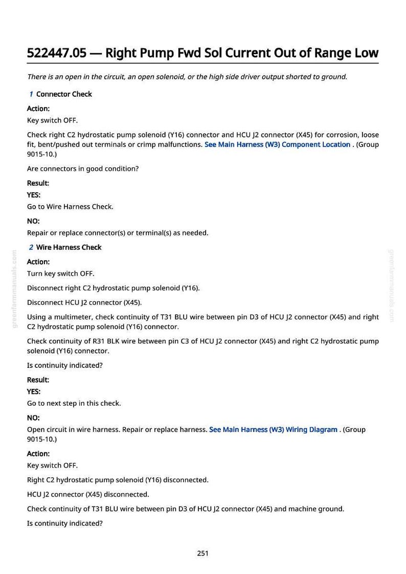 Może przedstawiać: Strona z instrukcji zatytułowana "522447.05 - Right Pump Fwd Sol Current Out of Range Low". Tekst zawiera instrukcje dotyczące sprawdzania złączy i wiązek przewod&oacute;w, w tym czynności i wyniki.