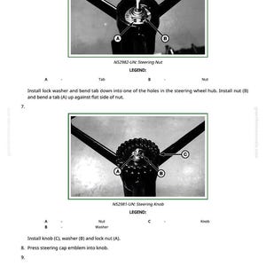 K&ouml;nnte beinhalten: Schwarz-wei&szlig; Diagramm einer Lenkradnabe mit beschrifteten Teilen. Das Diagramm enth&auml;lt Anweisungen zur Installation einer Sicherungsscheibe, Mutter und Knopf. Text enth&auml;lt "N52982-UN: Steering Nut" und "N52981-UN: Steering Knob".