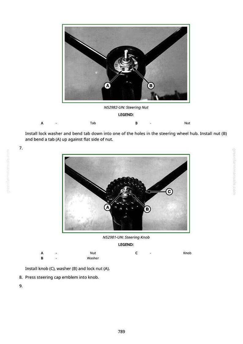K&ouml;nnte beinhalten: Schwarz-wei&szlig; Diagramm einer Lenkradnabe mit beschrifteten Teilen. Das Diagramm enth&auml;lt Anweisungen zur Installation einer Sicherungsscheibe, Mutter und Knopf. Text enth&auml;lt "N52982-UN: Steering Nut" und "N52981-UN: Steering Knob".