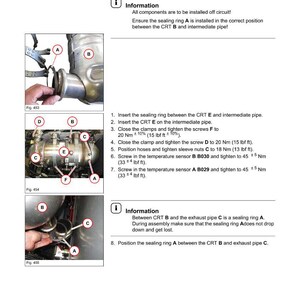 May include: Diagram of an engine with labeled components and instructions for installation. Includes close-up images of parts, with measurements in Nm and lbf ft. Text includes "Information" and installation steps.